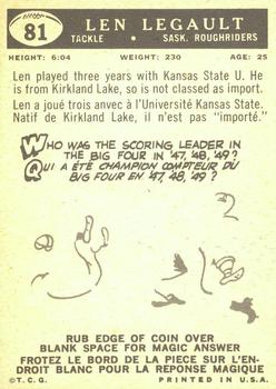 1959 Topps CFL #81 Len Legault Back