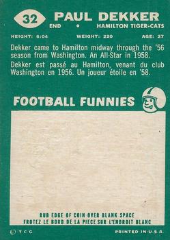 1960 Topps CFL #32 Paul Dekker Back