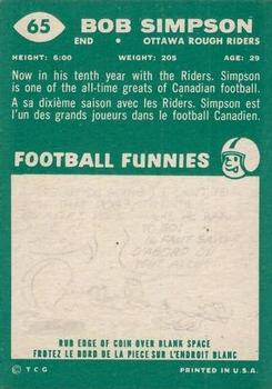 1960 Topps CFL #65 Bob Simpson Back