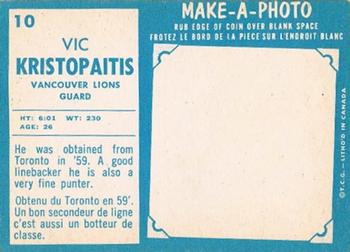 1961 Topps CFL #10 Vic Kristopaitis Back