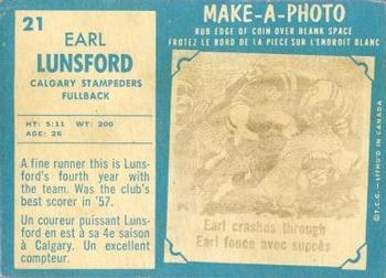 1961 Topps CFL #21 Earl Lunsford Back