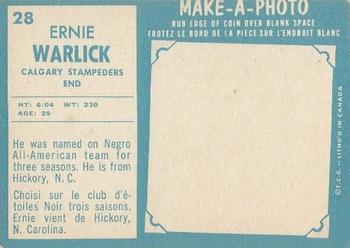 1961 Topps CFL #28 Ernie Warlick Back