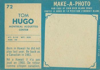 1961 Topps CFL #72 Tom Hugo Back