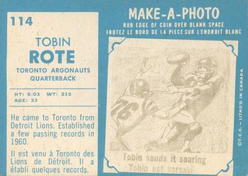1961 Topps CFL #114 Tobin Rote Back