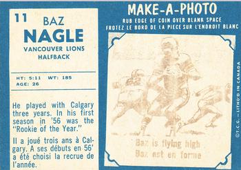 1961 Topps CFL #11 Baz Nagle Back