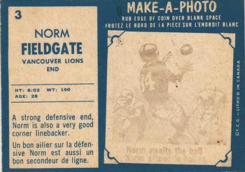 1961 Topps CFL #3 Norm Fieldgate Back