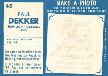 1961 Topps CFL #45 Paul Dekker Back