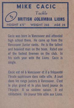1962 Topps CFL #5 Mike Cacic Back