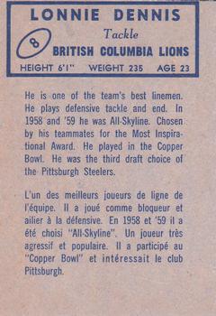 1962 Topps CFL #8 Lonnie Dennis Back