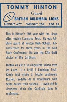 1962 Topps CFL #11 Tommy Hinton Back