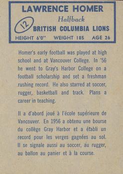 1962 Topps CFL #12 Sonny Homer Back