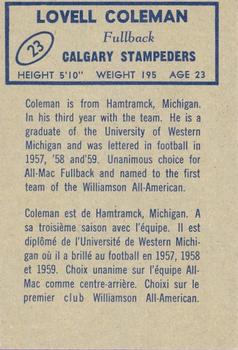 1962 Topps CFL #23 Lovell Coleman Back
