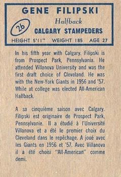 1962 Topps CFL #26 Gene Filipski Back
