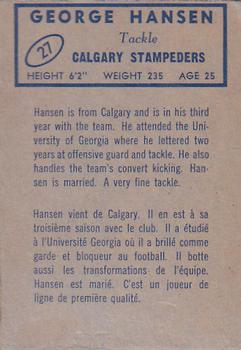 1962 Topps CFL #27 George Hansen Back