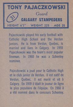 1962 Topps CFL #31 Tony Pajaczkowski Back