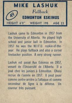 1962 Topps CFL #49 Mike Lashuk Back