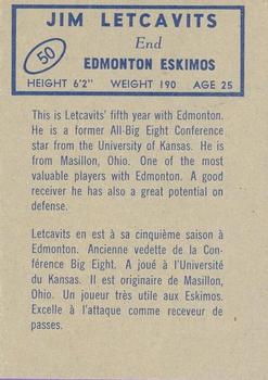 1962 Topps CFL #50 Jim Letcavits Back