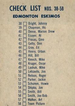 1962 Topps CFL #58 Edmonton Eskimos Back