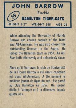 1962 Topps CFL #59 John Barrow Back
