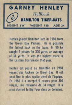 1962 Topps CFL #67 Garney Henley Back