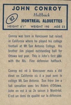 1962 Topps CFL #82 John Conroy Back