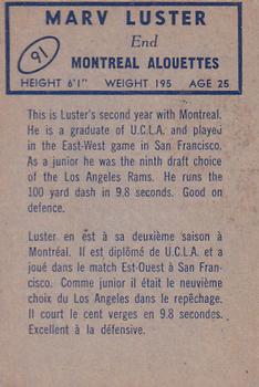 1962 Topps CFL #91 Marv Luster Back