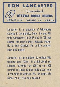 1962 Topps CFL #102 Ron Lancaster Back