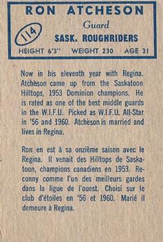 1962 Topps CFL #114 Ron Atchison Back