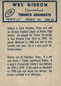 1962 Topps CFL #133 Wes Gideon Back