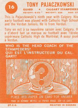 1963 Topps CFL #16 Tony Pajaczkowski Back