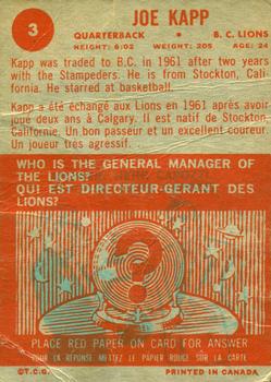 1963 Topps CFL #3 Joe Kapp Back