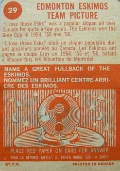 1963 Topps CFL #29 Edmonton Eskimos Back