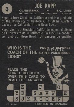 1964 Topps CFL #3 Joe Kapp Back