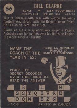 1964 Topps CFL #66 Bill Clarke Back