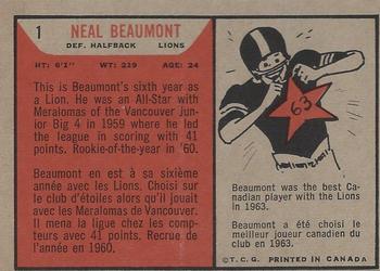1965 Topps CFL #1 Neal Beaumont Back