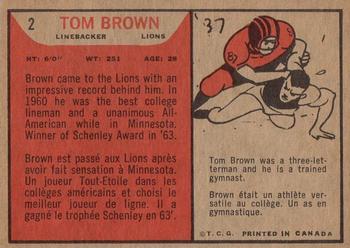 1965 Topps CFL #2 Tom Brown Back