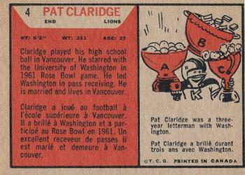 1965 Topps CFL #4 Pat Claridge Back