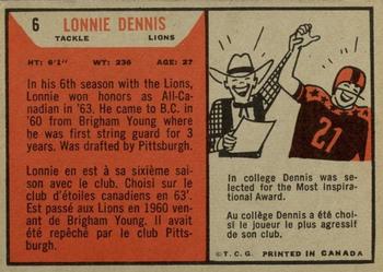 1965 Topps CFL #6 Lonnie Dennis Back