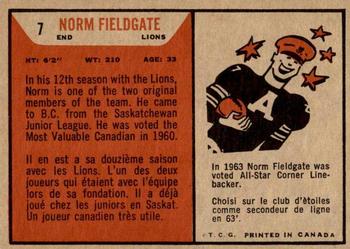 1965 Topps CFL #7 Norm Fieldgate Back