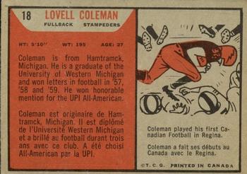 1965 Topps CFL #18 Lovell Coleman Back