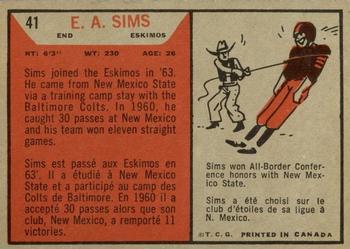 1965 Topps CFL #41 E.A. Sims Back