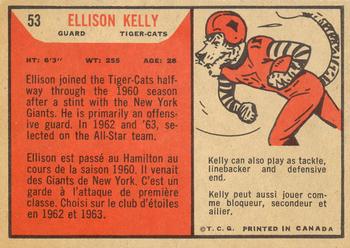 1965 Topps CFL #53 Ellison Kelly Back