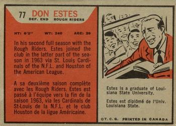 1965 Topps CFL #77 Don Estes Back