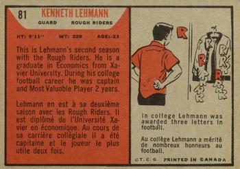 1965 Topps CFL #81 Kenneth Lehmann Back