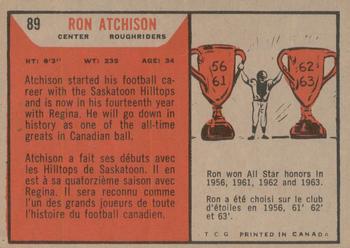 1965 Topps CFL #89 Ron Atchison Back