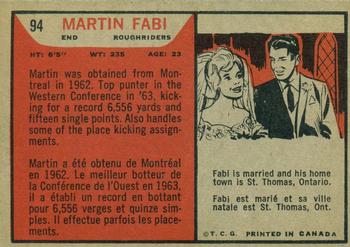1965 Topps CFL #94 Martin Fabi Back