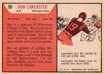 1965 Topps CFL #96 Ron Lancaster Back