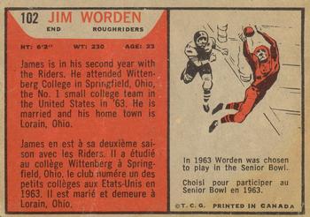 1965 Topps CFL #102 Jim Worden Back
