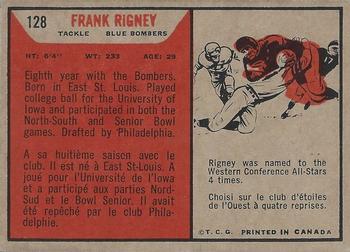 1965 Topps CFL #128 Frank Rigney Back