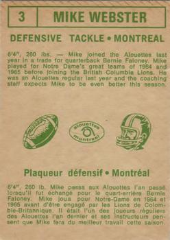 1968 O-Pee-Chee CFL #3 Mike Webster Back